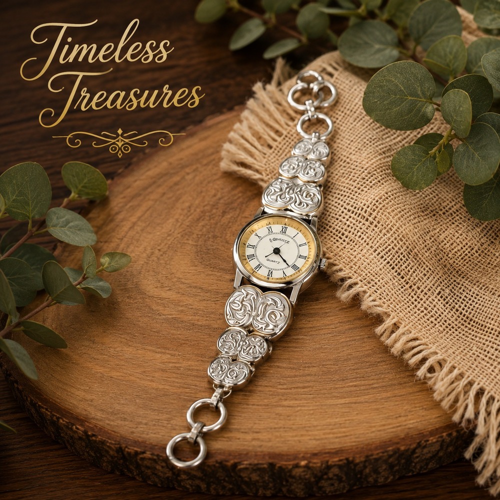 Vintage Silver Tone Floral Link Bracelet Watch Roman‎ Numerals Untested Boho